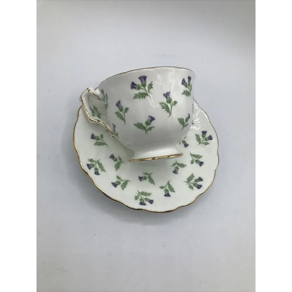 Aynsley Cup & Saucer Fine Bone China Footed w Purple Flowers Gold Trim‎
